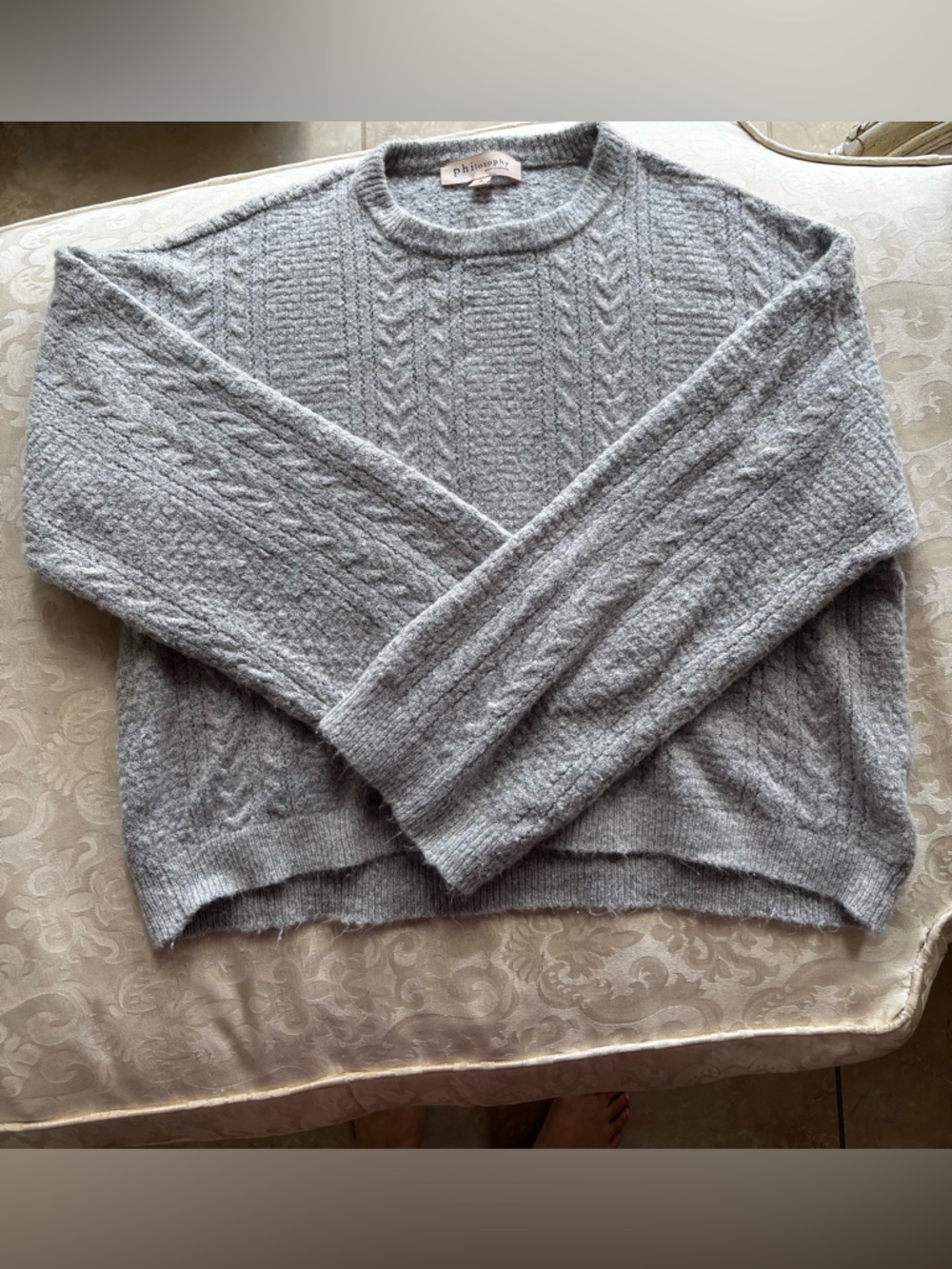 Philosophy Light Gray Cable-Knit Crewneck Sweater